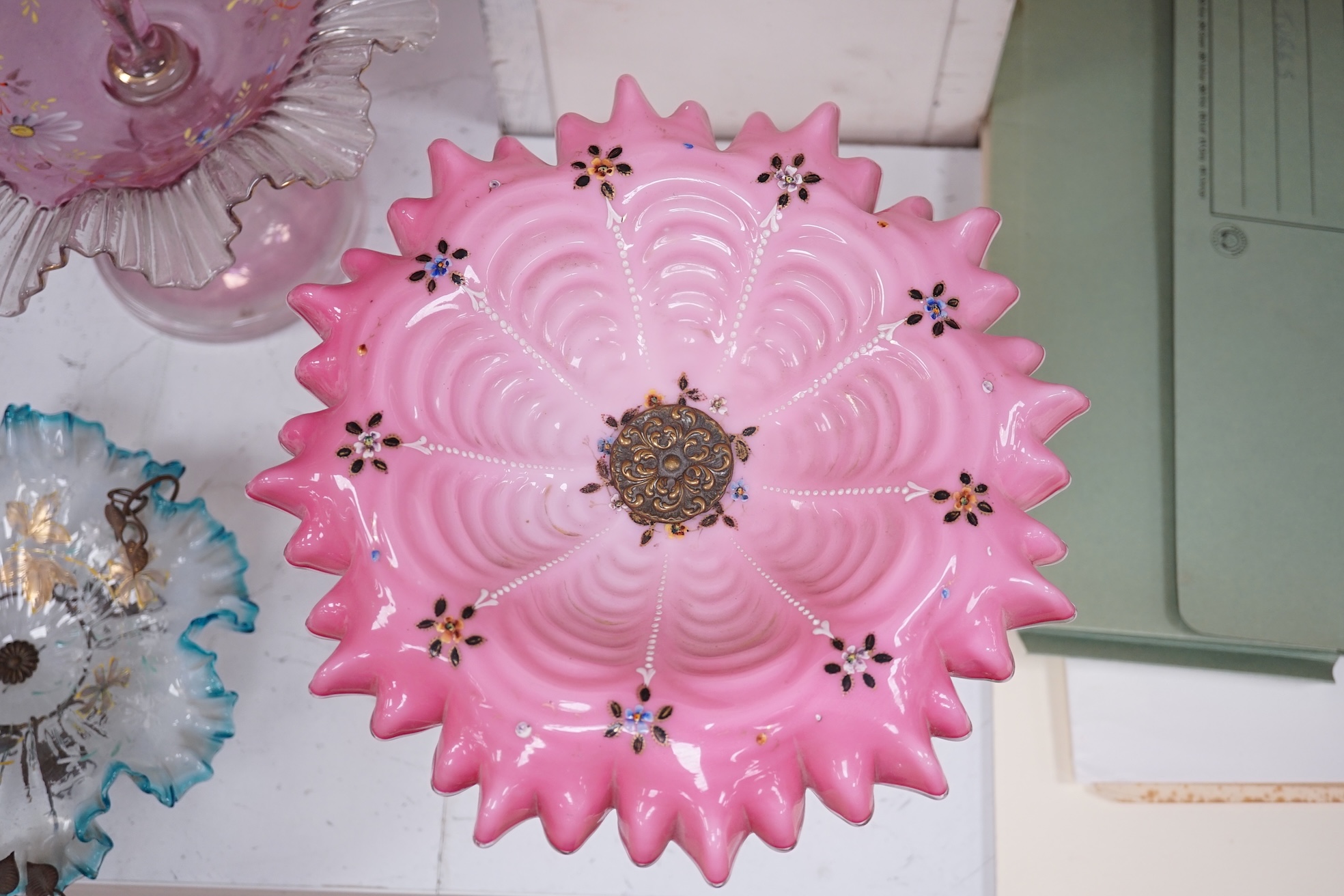 A late 19th century Bohemian glass centrepiece and two similar pedestal dishes, tallest 37cm. Condition - good